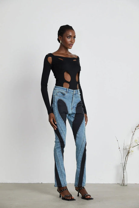 Adelyn Jeans - Stretch Denim Panelled Design Belt Loop Button Fly Pockets