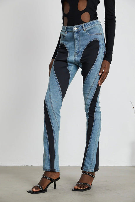 Adelyn Jeans - Stretch Denim Panelled Design Belt Loop Button Fly Pockets