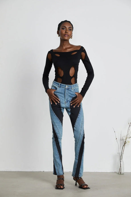 Adelyn Jeans - Stretch Denim Panelled Design Belt Loop Button Fly Pockets