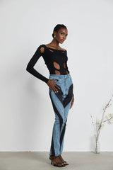 Adelyn Jeans - Stretch Denim Panelled Design Belt Loop Button Fly Pockets