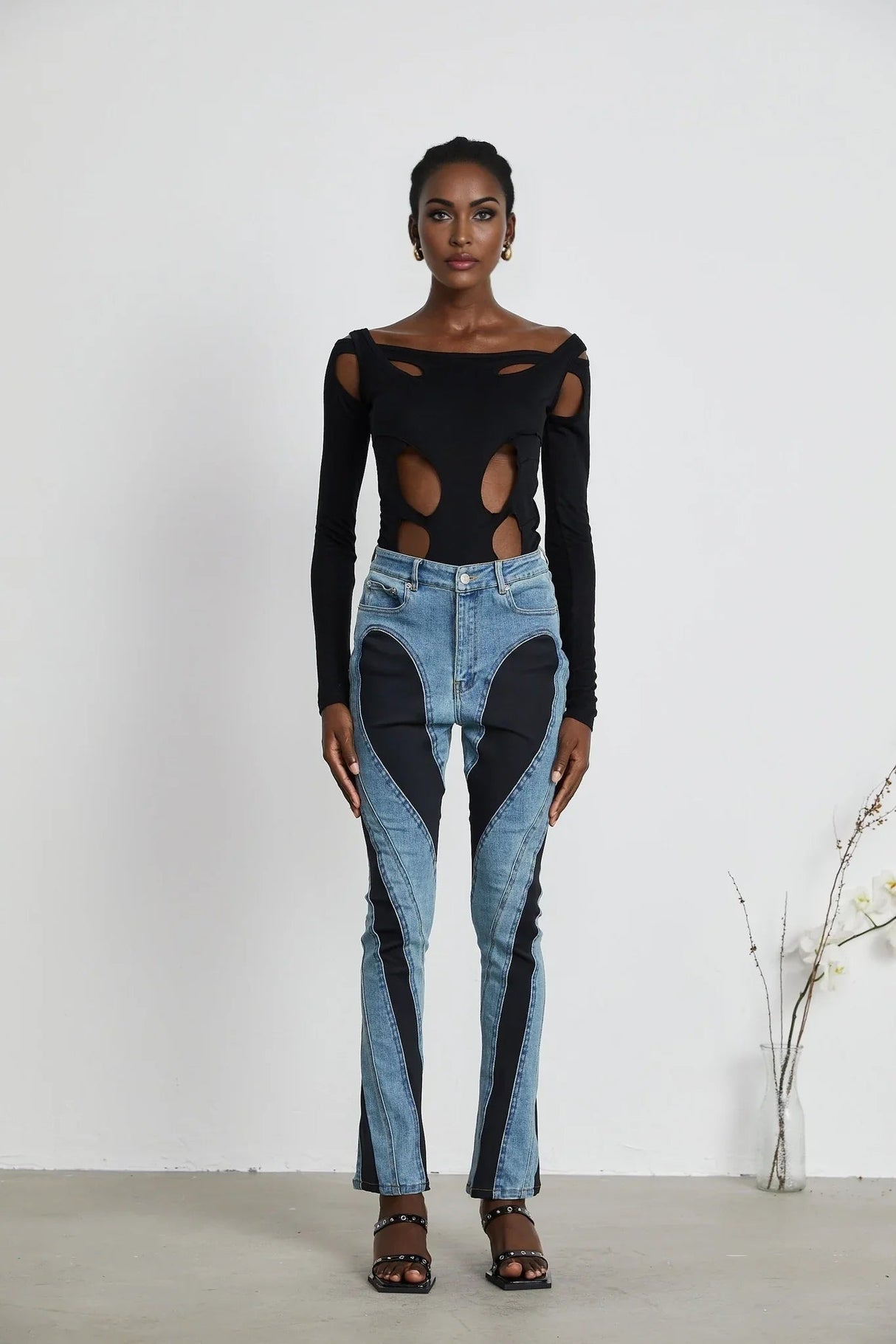 Adelyn Jeans - Stretch Denim Panelled Design Belt Loop Button Fly Pockets