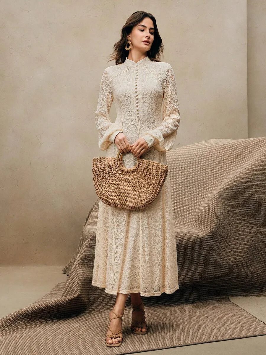 Adelyn Maxi Dress - Mandarin Collar - Bishop Sleeve - High Waist - A Line - Elegant