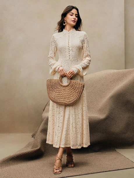 Adelyn Maxi Dress - Mandarin Collar - Bishop Sleeve - High Waist - A Line - Elegant