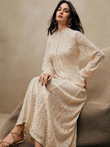 Adelyn Maxi Dress - Mandarin Collar - Bishop Sleeve - High Waist - A Line - Elegant