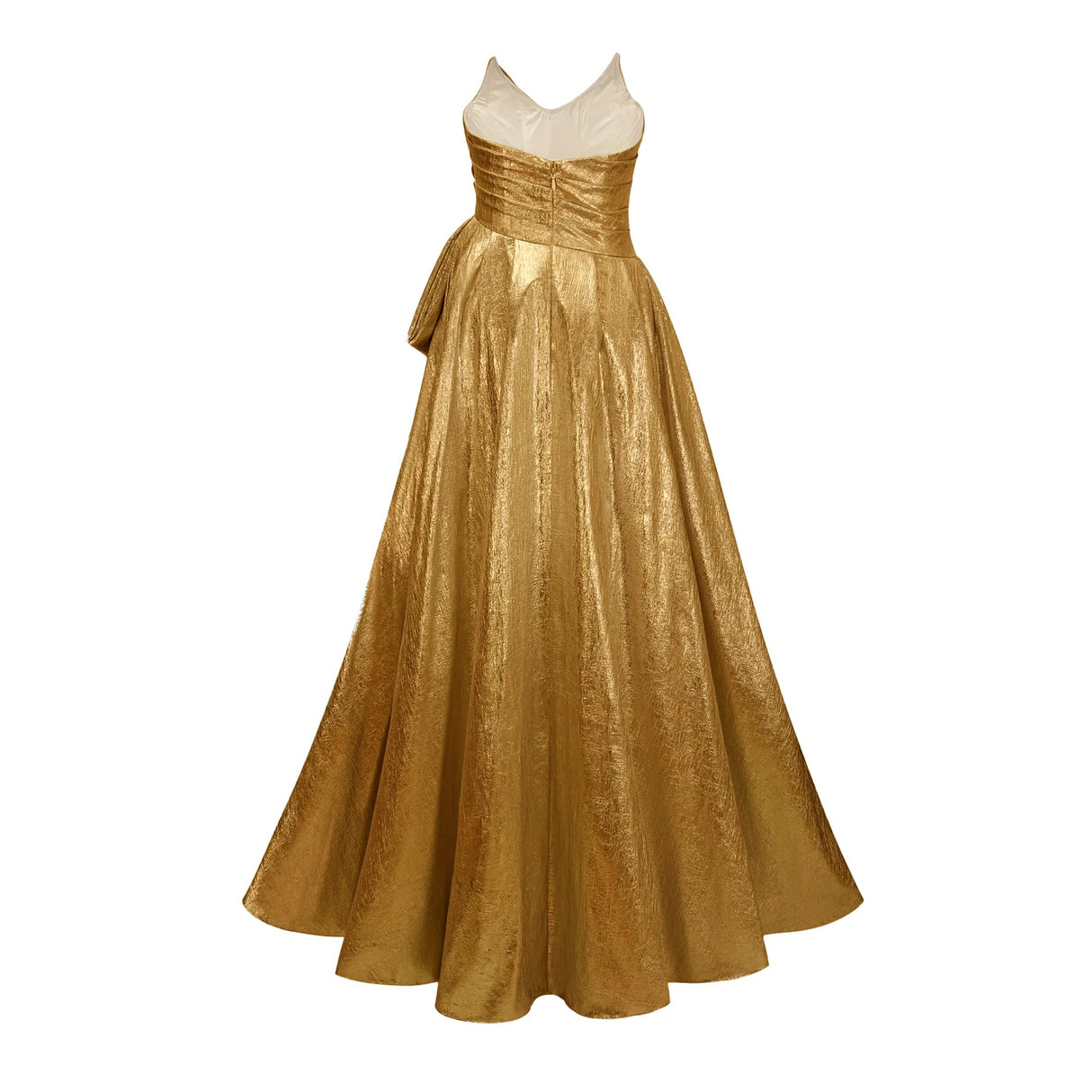 Adina Gold Glossy Asymmetrical Ruched Gown