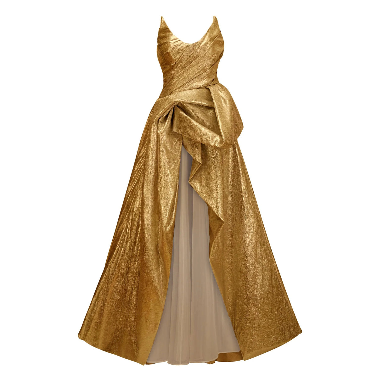 Adina Gold Glossy Asymmetrical Ruched Gown