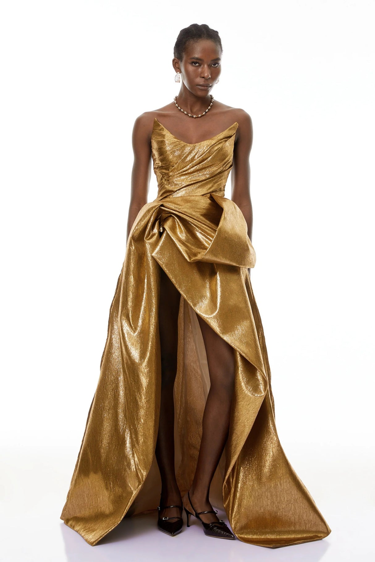 Adina Gold Glossy Asymmetrical Ruched Gown
