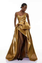 Adina Gold Glossy Asymmetrical Ruched Gown