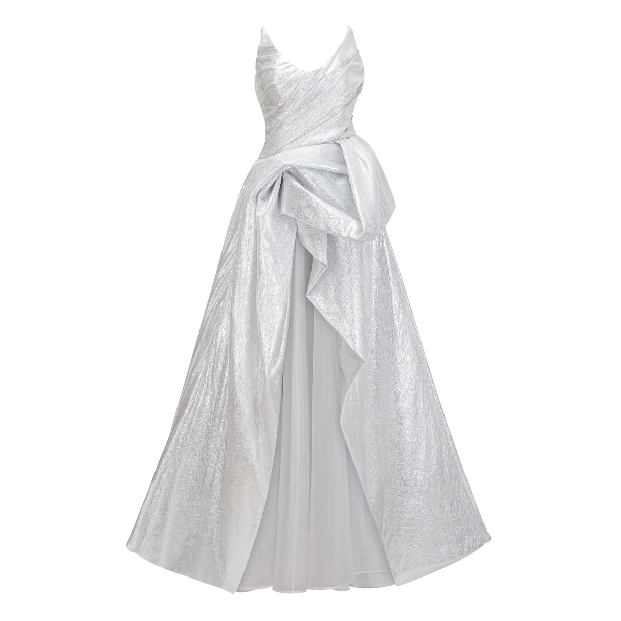 Adina Silver Glossy Asymmetrical Ruched Gown