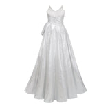 Adina Silver Glossy Asymmetrical Ruched Gown