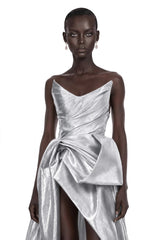 Adina Silver Glossy Asymmetrical Ruched Gown