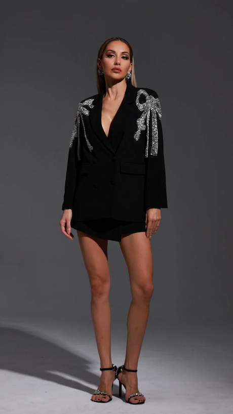 Adriana Black Diamond Mini Dress V-Neck Long Sleeve Cocktail Party Elegant Chic Fashion Statement
