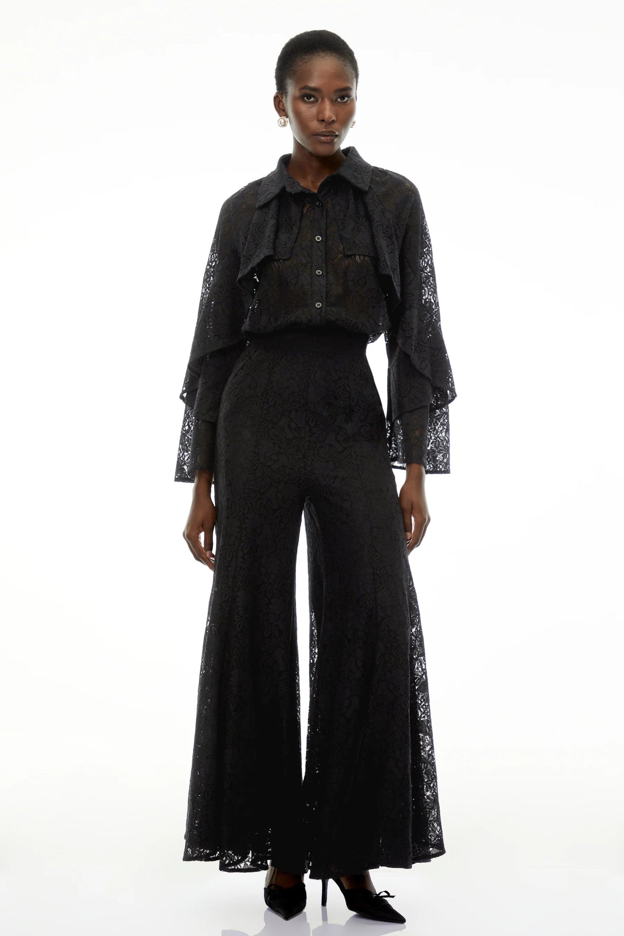 Adriana Black Long Sleeve Lace Blouse  Trousers Set