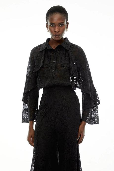 Adriana Black Long Sleeve Lace Blouse  Trousers Set