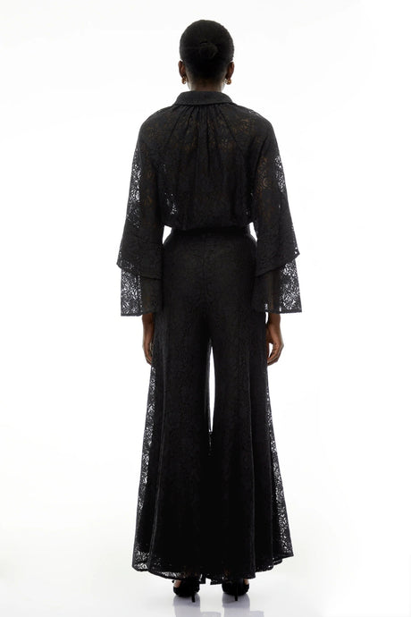 Adriana Black Long Sleeve Lace Blouse  Trousers Set
