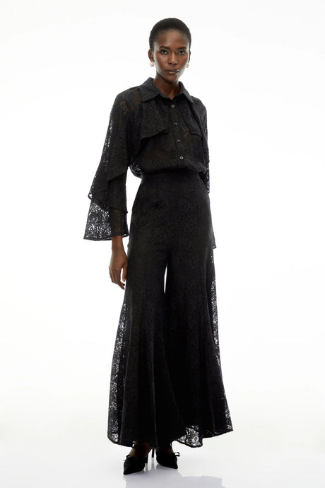Adriana Black Long Sleeve Lace Blouse  Trousers Set