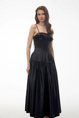 Adriana Black Pleated Maxi Dress with Ruffled Trim