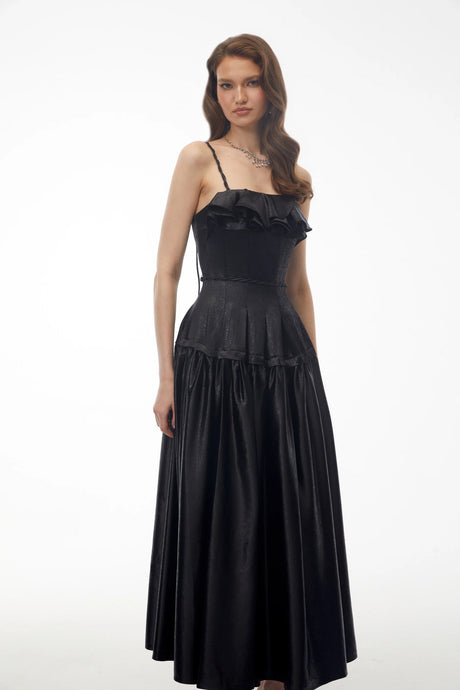 Adriana Black Pleated Maxi Dress with Ruffled Trim