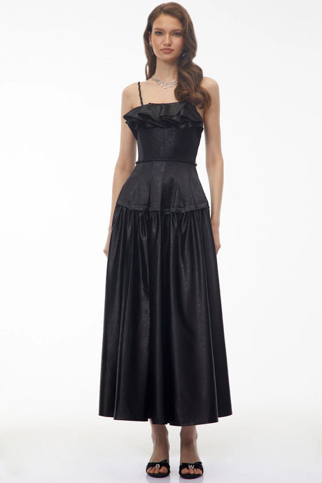 Adriana Black Pleated Maxi Dress with Ruffled Trim