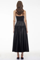 Adriana Black Pleated Maxi Dress with Ruffled Trim