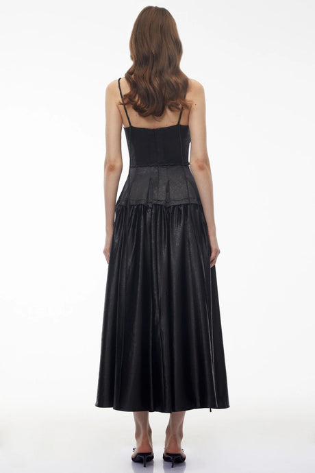 Adriana Black Pleated Maxi Dress with Ruffled Trim