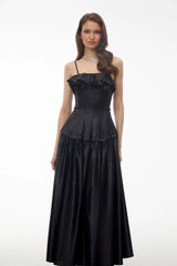 Adriana Black Pleated Maxi Dress with Ruffled Trim