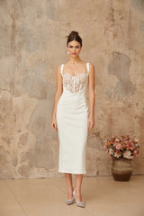 Adriana Midi Dress White Lace - panel Corset Fitted Silhouette & Rear Slit