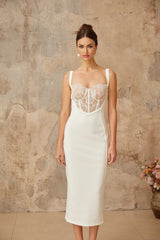 Adriana Midi Dress White Lace - panel Corset Fitted Silhouette & Rear Slit