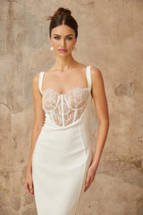 Adriana Midi Dress White Lace - panel Corset Fitted Silhouette & Rear Slit