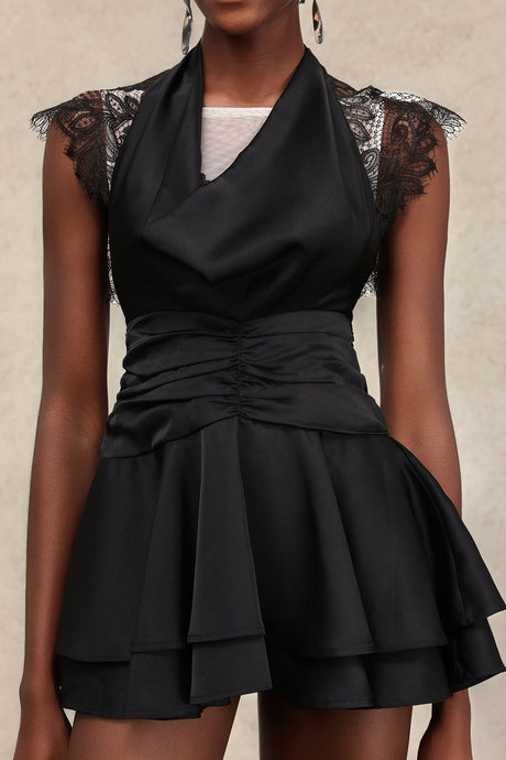 Adrianna Black Lace Mini Dress V-Neckline Layered Silhouette