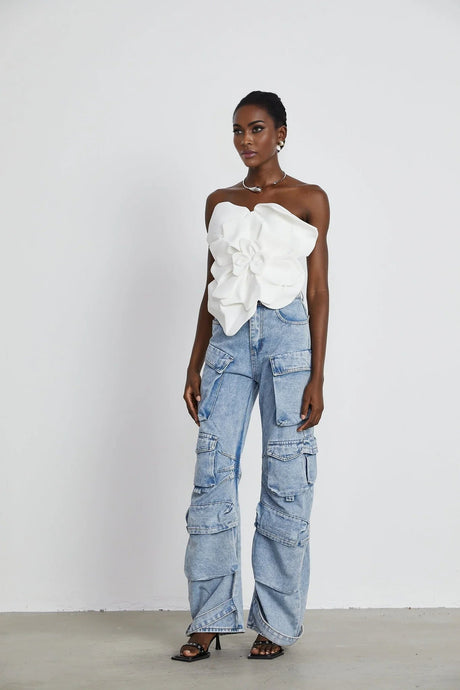 Adrianna Floral Top - Off the Shoulder Design - Sleeveless - Floral Appliqu Detailing - Cropped Length