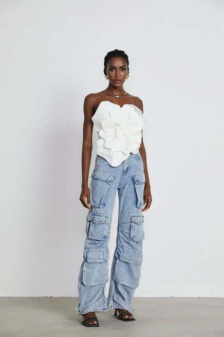 Adrianna Floral Top - Off the Shoulder Design - Sleeveless - Floral Appliqu Detailing - Cropped Length