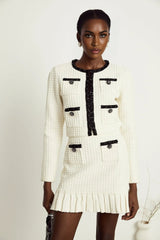 Adrianna Jacket & Skirt - Waffle Knit Texture - Bead Embellishments - Cropped Jacket Style - Pleated Hem