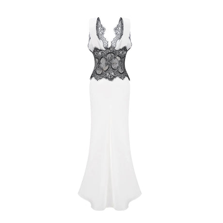 Adrianna Maxi Dress - V Neck - Sleeveless - Satin & Lace Overlay - Flared Hem - Contrast Colors