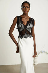 Adrianna Maxi Dress - V Neck - Sleeveless - Satin & Lace Overlay - Flared Hem - Contrast Colors