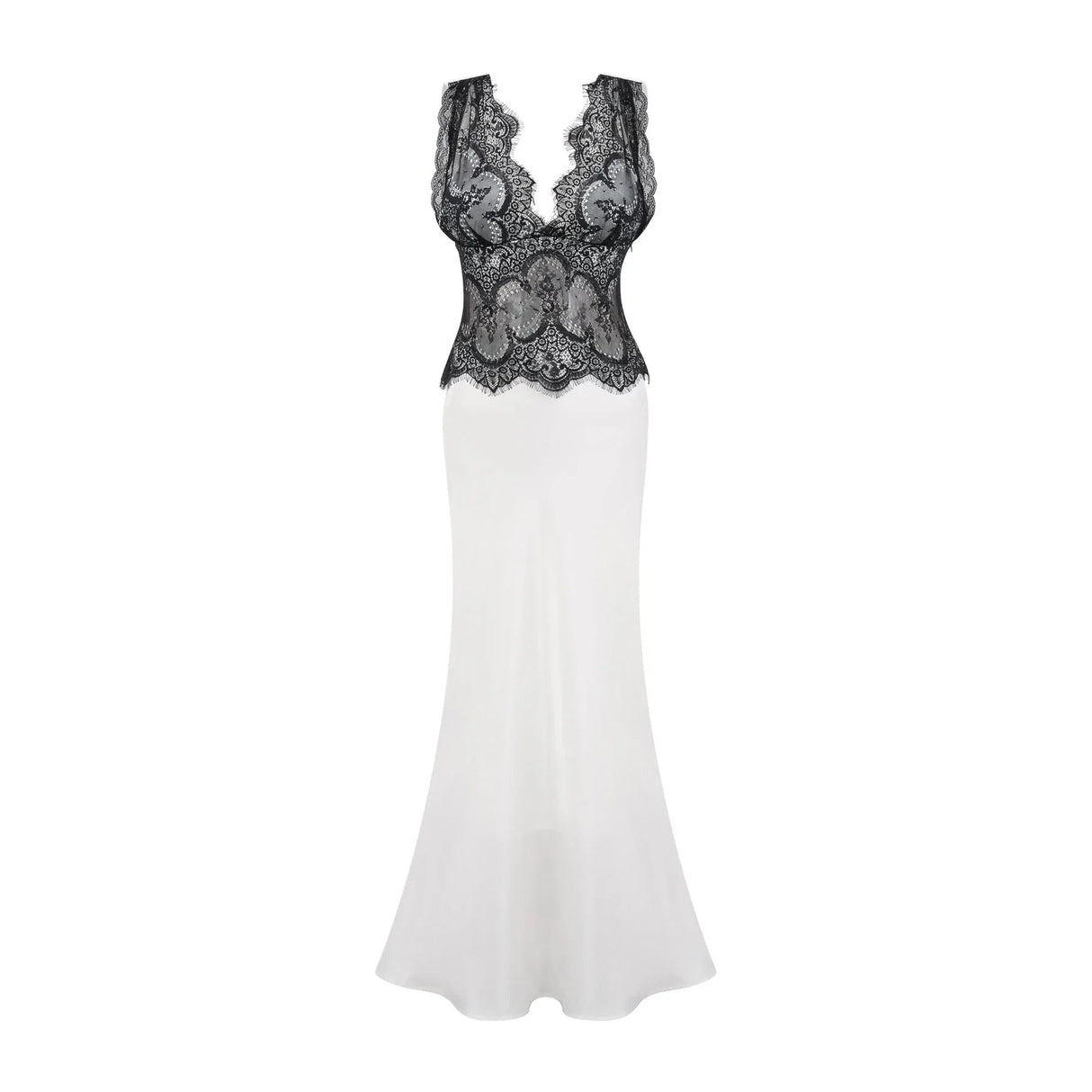 Adrianna Maxi Dress - V Neck - Sleeveless - Satin & Lace Overlay - Flared Hem - Contrast Colors