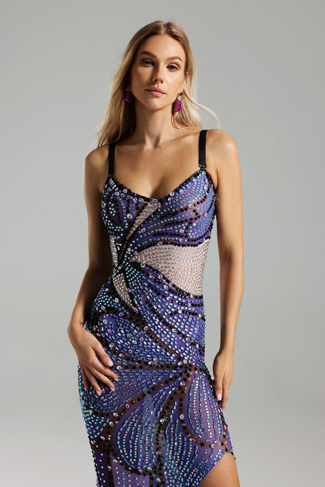Adrianna Purple Printed Diamante Detail Dress with High Slit and Sling Straps