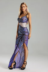 Adrianna Purple Printed Diamante Detail Dress with High Slit