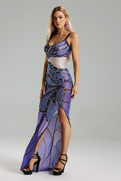 Adrianna Purple Printed Diamante Detail Dress with High Slit