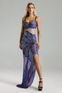 Adrianna Purple Printed Diamante Detail Dress with High Slit and Sling Straps