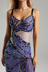 Adrianna Purple Printed Diamante Detail Slit Dress