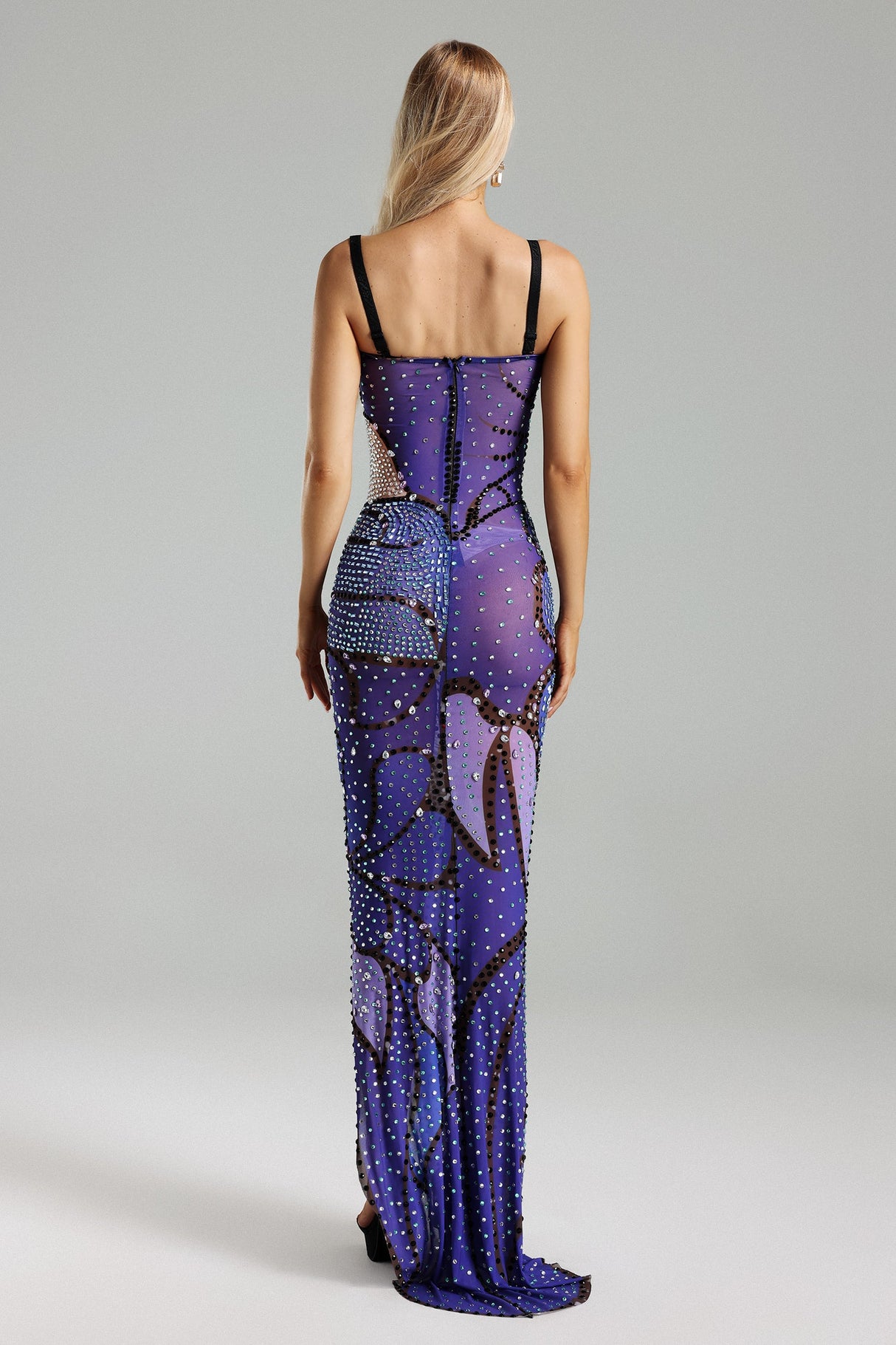 Adrianna Purple Printed Diamante Detailing Sling Strap High Slit Dress