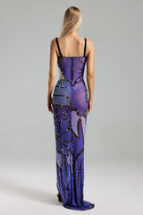 Adrianna Purple Printed Diamante Detailing Sling Strap High Slit Dress