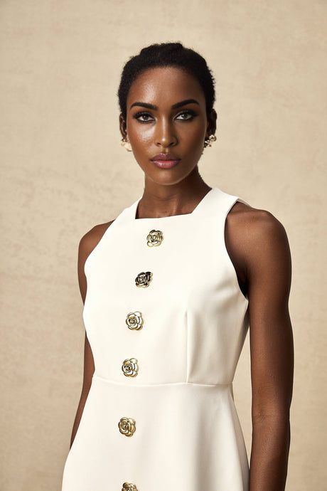 Adrielle Mini Dress With Puff Skirt - Decorative Buttons - Sleeveless - Zip Back