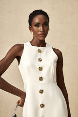 Adrielle Mini Dress With Puff Skirt - Decorative Buttons - Sleeveless - Zip Back