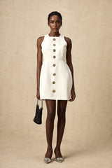 Adrielle Mini Dress With Puff Skirt - Decorative Buttons - Sleeveless - Zip Back