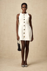 Adrielle Mini Dress With Puff Skirt - Decorative Buttons - Sleeveless - Zip Back