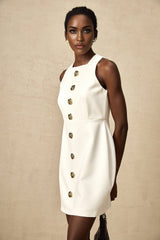 Adrielle Mini Dress With Puff Skirt - Decorative Buttons - Sleeveless - Zip Back