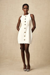 Adrielle Mini Dress With Puff Skirt - Decorative Buttons - Sleeveless - Zip Back