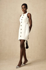Adrielle Mini Dress With Puff Skirt - Decorative Buttons - Sleeveless - Zip Back